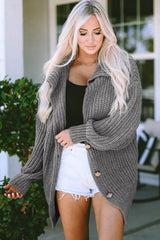Gray Oversized Turndown Collar Pocketed Cardigan