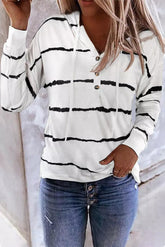 White Striped Drawstring Button Long Sleeve Hoodie