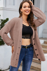 Khaki Buttoned Front Drop Shoulder Knitted Cardigan