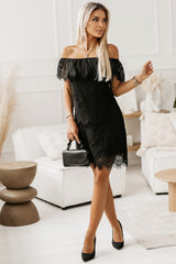 Black Off-shoulder Overlay Drop Sleeves Lace Dress