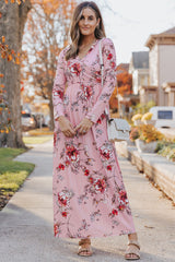 Pink Wrapped V Neck Floral Long Sleeve Empire Maxi Dress