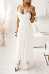 White Spaghetti Strap Backless Contrast Lace Wedding Dress