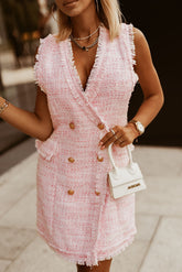 Pink Frayed Edge Double Breasted Tweed Vest Dress