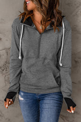 Gray Half Zip Pocketed Thumbhole Sleeve Hoodie