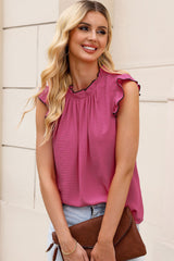 Rose Contrast Trim Ruffled Crew Neck Sleeveless Top