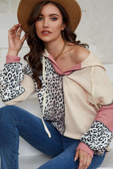 Leopard Colorblock Patchwork Waffle Knit Hoodie