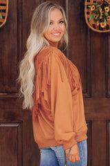 Brown Solid Color Chevron Fringe Loose Pullover Sweatshirt