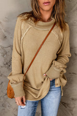 Khaki Waffle Knit Patchwork Oversized Pullover Sweatshirt