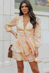 Yellow V Neck Long Sleeve Tiered Floral Dress