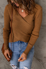 Khaki High Neck Hollow-out Crossed Wrap Knit Sweater