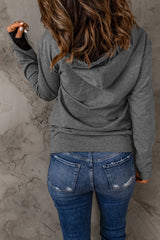 Gray Half Zip Pocketed Thumbhole Sleeve Hoodie