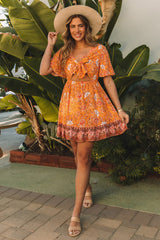 Yellow Self-tie Front Cut-out Floral Dress