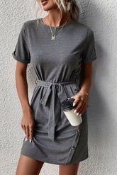 Gray Lace-up High Waist Short Sleeve Mini Dress