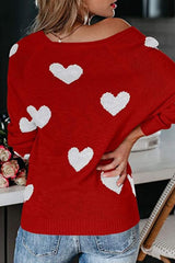 Red Heart Pattern V Neck Knit Sweater