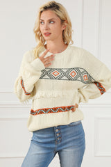 Snow White Western Geometric Print Tasseled Textured Sweater