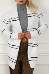 White Striped Detail Fuzzy Open Front Cardigan