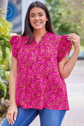 Rose Floral Print Ruffle Sleeve Plus Size Shift Top
