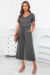 Gray Drawstring Waist Short Sleeve Wide Leg Jumpsuit