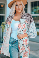 Sky Blue Leopard Floral Mixed Print Wide Sleeves Kimono