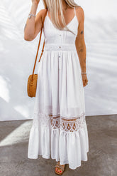 White Lace Splice Button Decor Spaghetti Strap Maxi Dress