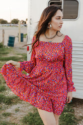 Red Square Neck Spring Floral Dress