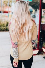 Khaki Checkered Leopard Raglan Sleeve Top