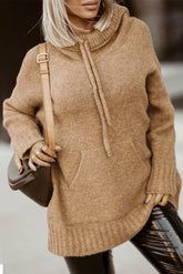 Brown Cowl Neck Drawstring Pullover Hooded Sweater