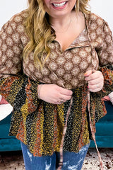 Brown Mix Floral Striped Ethnic Splicing Plus Size Blouse