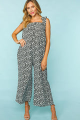 Black & White Animal Print Wide Leg Frilled Jumpsuit