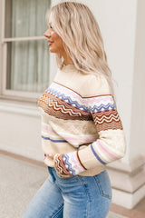 Khaki Geometric Print Knitted Long Sleeve Sweater