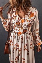 Yellow Leaf Print V Neck Puff Sleeve Maxi Dress
