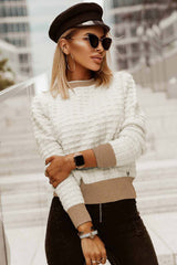 White Textured Knit Contrast Long Sleeve Sweater