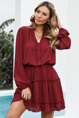 V Neck Long Sleeve Ruffle Tiered Mini Dress
