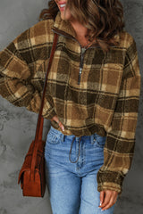 Brown Zip Collar Plaid Pattern Fleece Sweatshirt