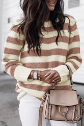 Brown Striped Round Neck Casual Sweater