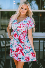 Red V Neck Short Sleeve Floral Dress