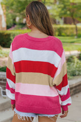 Red Mix Horizon Stripes Dolman Sleeve Sweater