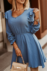 Blue V Neck Puff Sleeves Crinkled Tunic Mini Dress