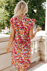 Red Ruffle Sleeve V-Neck Floral Dress
