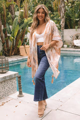 Beige Abstract Print Short Sleeve Open Front Kimono