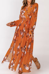 Orange Orange Floral Print Lace-up Ruffled V Neck Maxi Dress with A Slit