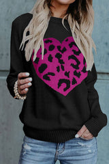 Black Leopard Heart Pattern Casual Sweater