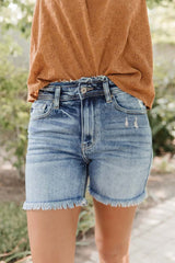 Sky Blue Retro High Waist Raw Hem Denim Shorts