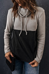 Gray Drawstring Cowl Neck Color Block Sweatshirt