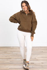 Coffee Kangaroo Pocket Half Zipper Loose Fit Hoodie