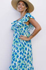 Sky Blue Boho Floral Print Maxi Dress