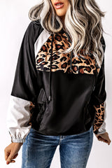 Black Leopard Print Contrast Stitching Hoodie