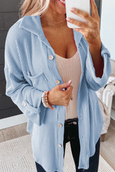Sky Blue Roll Tab Sleeve Ribbed Cording Shacket