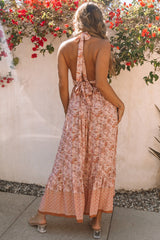 Pink Flora Print Halter Neck Tie Back Maxi Dress