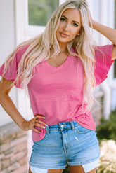 Pink Bell Sleeve V-Neck Top